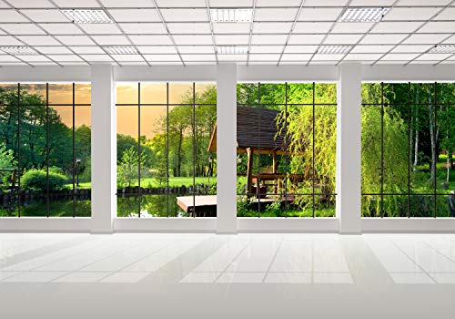wandmotiv24 Fototapete Fenster Fensterblick 3D, L 300 x 210 cm - 6 Teile, Wanddeko, Wandbild, Wandtapete, Garten, Bäume, Grün M0703 von wandmotiv24