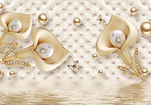 wandmotiv24 Fototapete Gold Tulpen Edelstein Perlen Polsterwand, S 200 x 140cm - 4 Teile, Wanddeko, Wandbild, Wandtapete, Blumen Diamanten Schmetterlinge Wasser M4643 von wandmotiv24