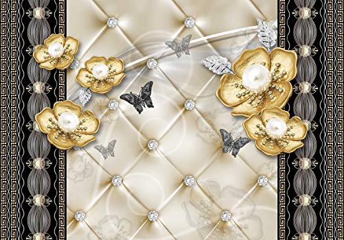 wandmotiv24 Fototapete Goldenen Blumen Silber Schmetterlinge, L 300 x 210 cm - 6 Teile, Wanddeko, Wandbild, Wandtapete, Abstrakt Blüten M6129 von wandmotiv24