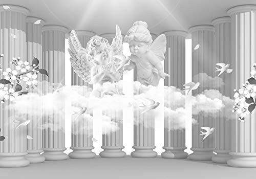 wandmotiv24 Fototapete Grau Säulen Engel, L 300 x 210 cm - 6 Teile, Wanddeko, Wandbild, Wandtapete, Säule, Blumen, Wolken M3749 von wandmotiv24
