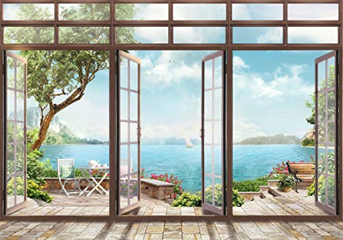 wandmotiv24 Fototapete Große Fenster Ausblick auf Wasser, XXL 400 x 280 cm - 8 Teile, Wanddeko, Wandbild, Wandtapete, Landschaft Natur M6133 von wandmotiv24