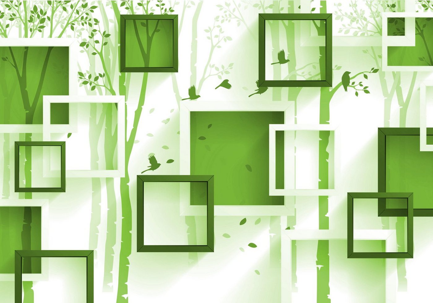 wandmotiv24 Fototapete Grün Abstrakt Fenster Wald Vögel, strukturiert, Wandtapete, Motivtapete, matt, Vinyltapete, selbstklebend von wandmotiv24