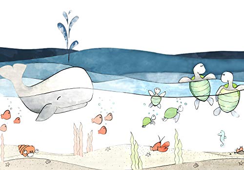 wandmotiv24 Fototapete Kinderzimmer Wasser Wal Schildkröte, XL 350 x 245 cm - 7 Teile, Wanddeko, Wandbild, Wandtapete, Aquarell Fische Unterwasser Pflanzen M5824 von wandmotiv24