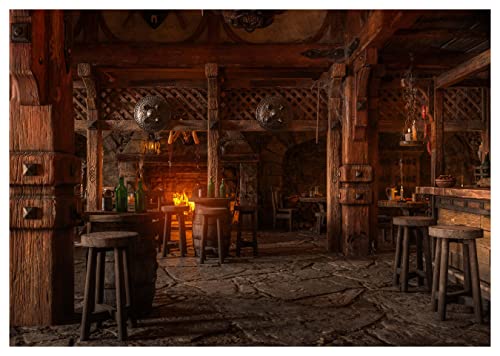 wandmotiv24 Fototapete Mittelalter Raum Fantasy Fass, XL 350 x 245 cm - 7 Teile, Wanddeko, Wandbild, Wandtapete, Wikinger Fässer Hocker Gasthaus M6890 von wandmotiv24