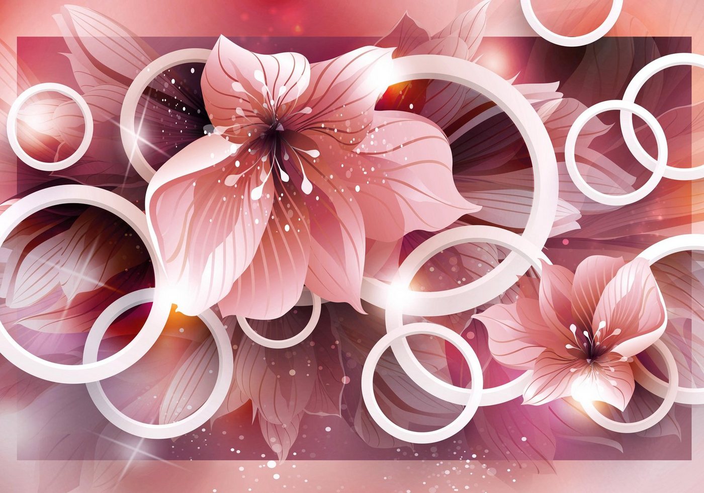 wandmotiv24 Fototapete Rosa Blumen 3D Kreise Blättern Glitzern, glatt, Wandtapete, Motivtapete, matt, Vliestapete von wandmotiv24