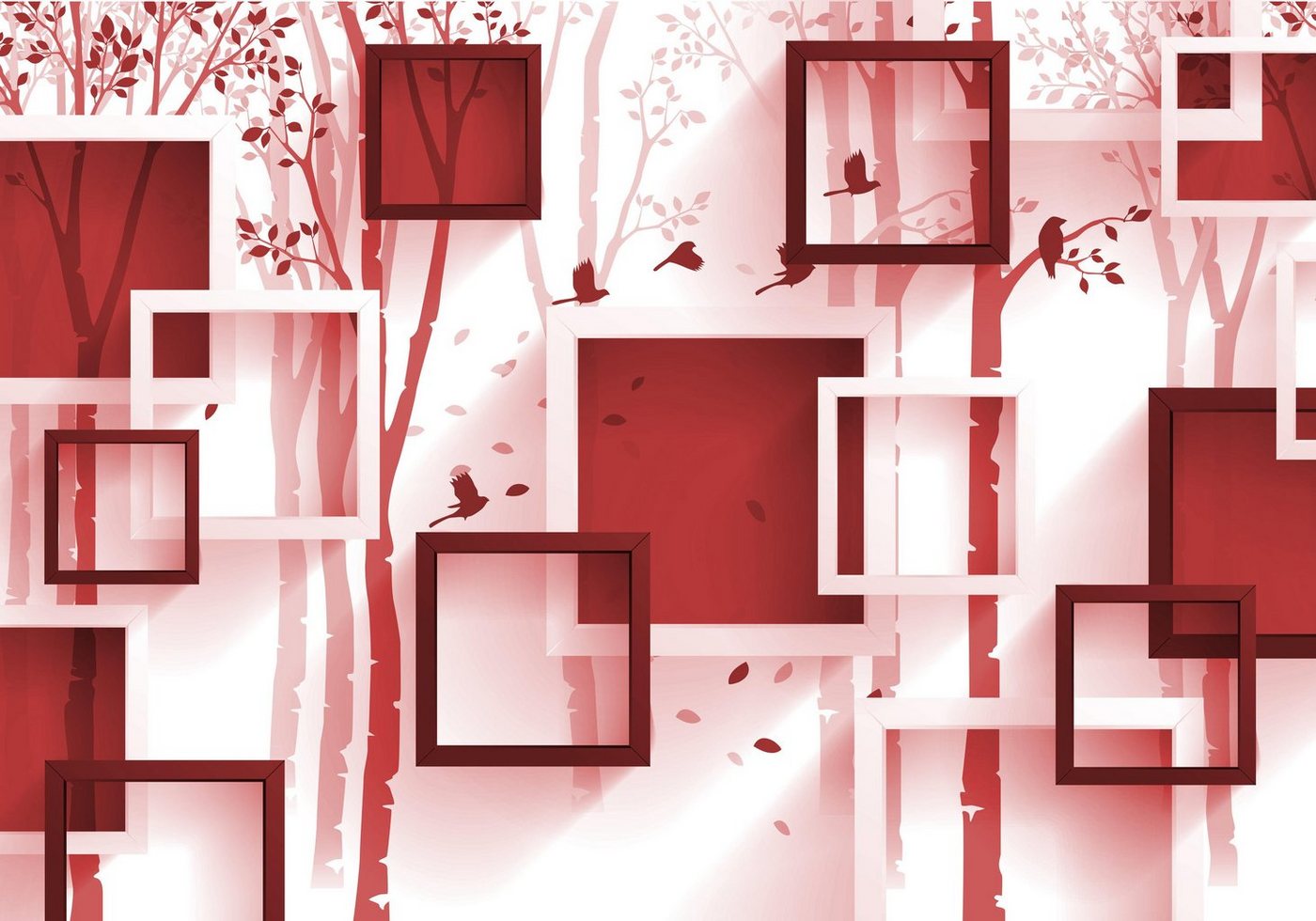wandmotiv24 Fototapete Rot Abstrakt Fenster Wald Vögel, glatt, Wandtapete, Motivtapete, matt, Vliestapete, selbstklebend von wandmotiv24