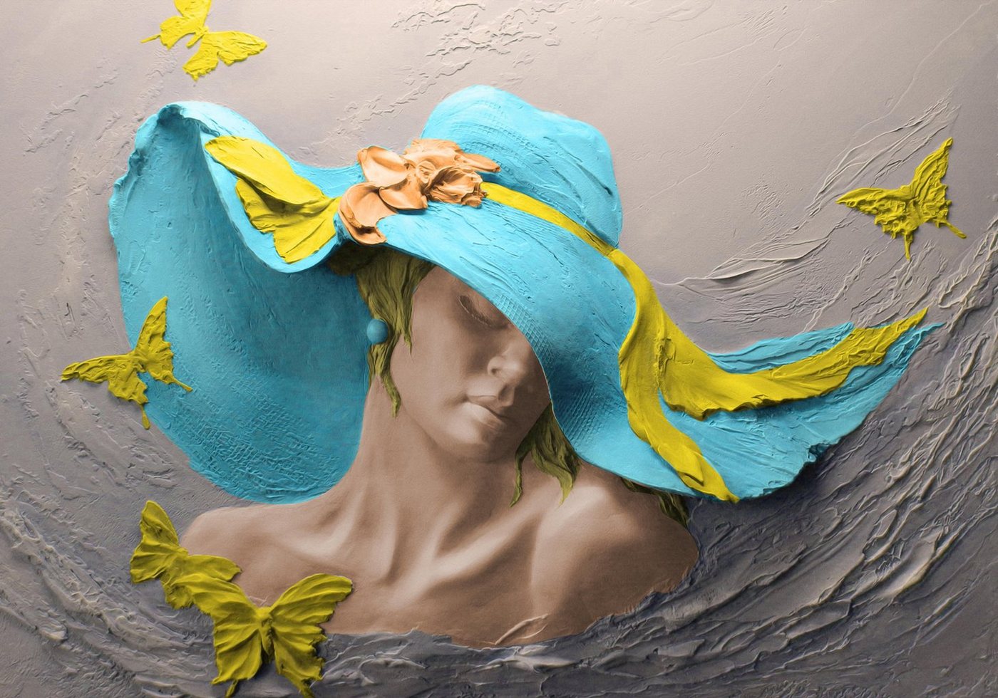 wandmotiv24 Fototapete Skulptur Frau blau Hut Schmetterlinge, strukturiert, Wandtapete, Motivtapete, matt, Vinyltapete, selbstklebend von wandmotiv24