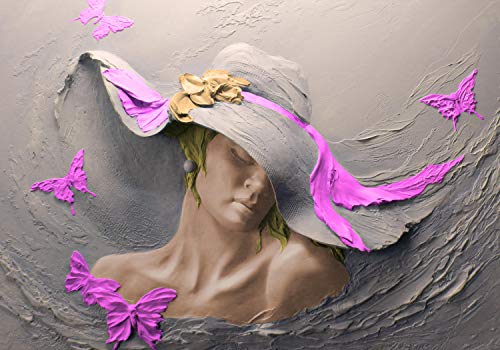wandmotiv24 Fototapete Skulptur Frau rosa Schmetterlinge Wand, M 250 x 175 cm - 5 Teile, Wanddeko, Wandbild, Wandtapete, Gips Hut Blume M5272 von wandmotiv24