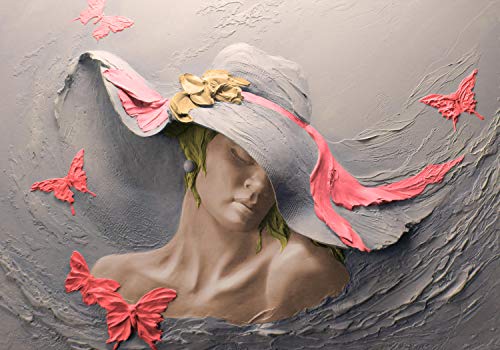 wandmotiv24 Fototapete Skulptur Frau rot Schmetterlinge Wand, M 250 x 175 cm - 5 Teile, Wanddeko, Wandbild, Wandtapete, Gips Hut Blume M5269 von wandmotiv24