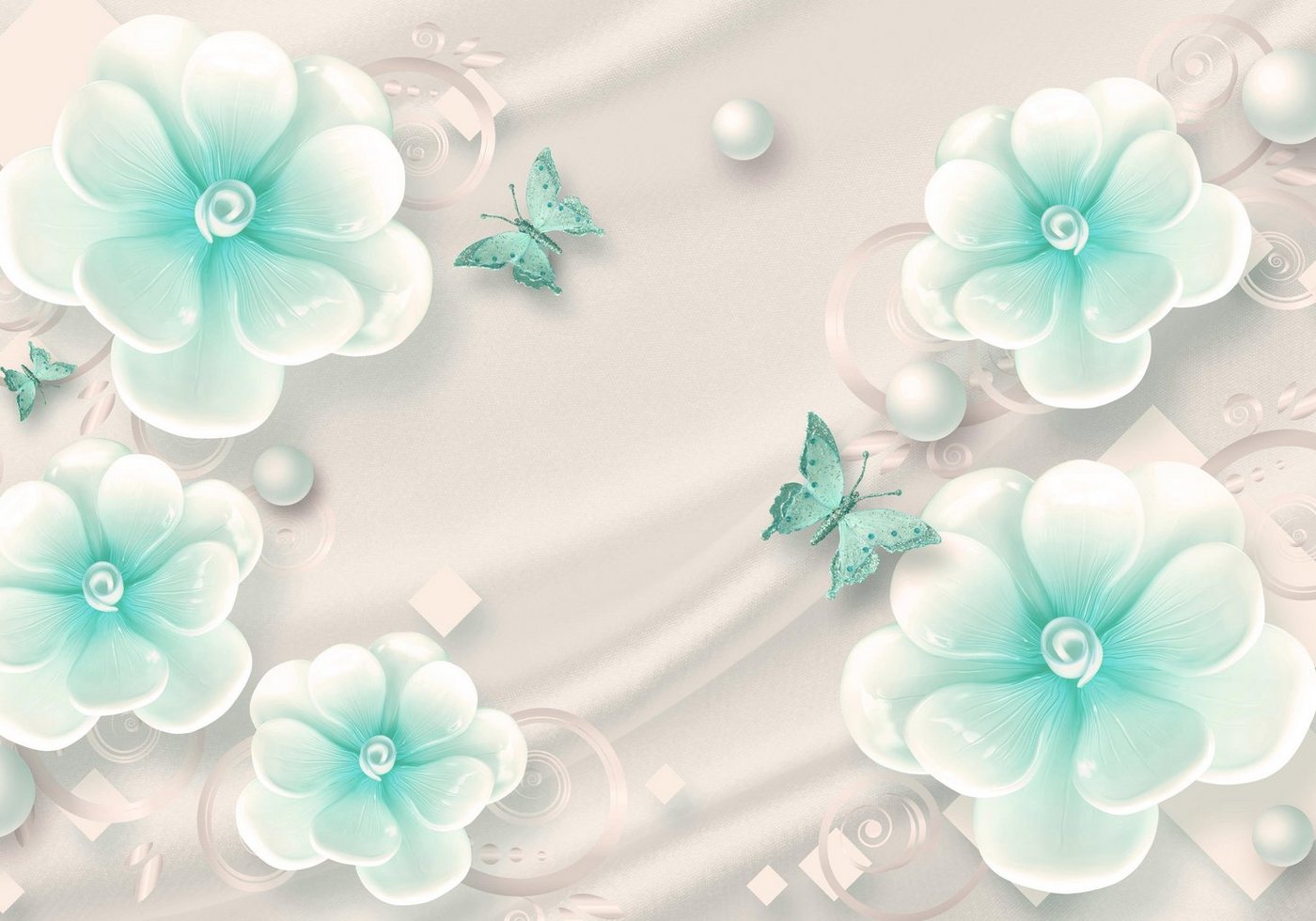 wandmotiv24 Fototapete Türkis Blumen Schmetterlinge Seide Perle, strukturiert, Wandtapete, Motivtapete, matt, Vinyltapete, selbstklebend von wandmotiv24