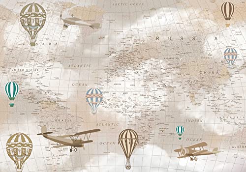wandmotiv24 Fototapete Vintage Weltkarte Flugzeuge, M 250 x 175 cm - 5 Teile, Wanddeko, Wandbild, Wandtapete, Globus Heißluftballons M6311 von wandmotiv24