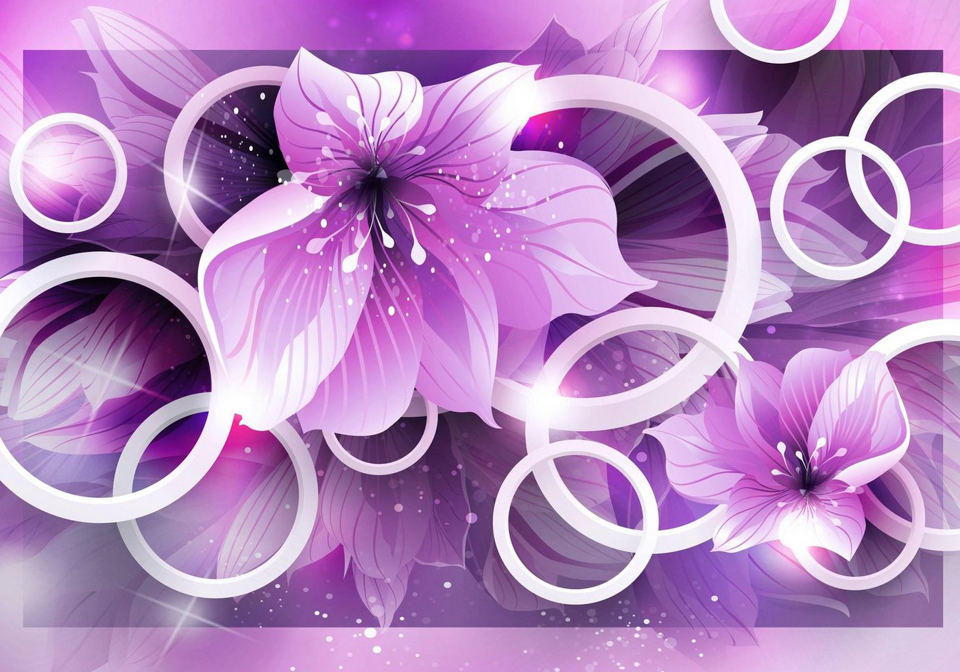 wandmotiv24 Fototapete Violett Blumen 3D Kreise Blättern, glatt, Wandtapete, Motivtapete, matt, Vliestapete, selbstklebend von wandmotiv24
