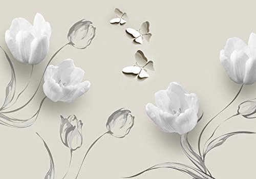 wandmotiv24 Fototapete Weisse Tulpen Ornamente, 400 x 280 cm - selbstklebende Vliestapete 150g, Wanddeko, Wandbild, Wandtapete, Schmetterling, Blumen, Zeichnung M1279 von wandmotiv24