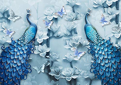 wandmotiv24 Fototapete blaue Pfaue Kunst, XS 150 x 105cm - 3 Teile, Wanddeko, Wandbild, Wandtapete, Federn Blumen Tiere Vogel M6583 von wandmotiv24