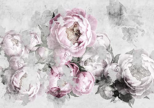 wandmotiv24 Fototapete rosa Blumen Vintage Pflanzen, L 300 x 210 cm - 6 Teile, Wanddeko, Wandbild, Wandtapete, Leinwand grau weiß Pflanze M6796 von wandmotiv24