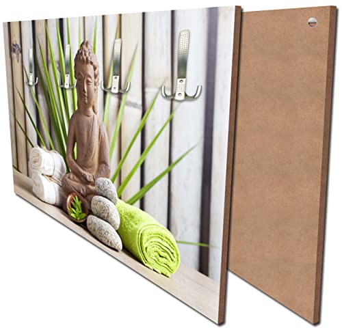 wandmotiv24 Garderobe Buddha und Sauna Querformat - 69x40 (BxH) - Dekorfolie Wandgarderobe, inklusive Garderoben-Haken, Kleiderhaken, Set M0962 von wandmotiv24