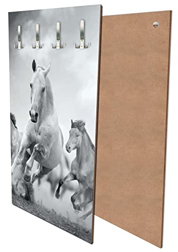 wandmotiv24 Garderobe Pferde Laufen in Weiß und Schwarz Hochformat - 55x100 (BxH) - Dekorfolie Wandgarderobe, inklusive Garderoben-Haken, Kleiderhaken, Set M0945 von wandmotiv24