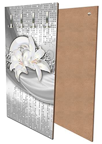 wandmotiv24 Garderobe abstrakte Lilien grau Silber Hochformat - 55x100 (BxH) - Dekorfolie Wandgarderobe, inklusive Garderoben-Haken, Kleiderhaken, Set M0524 von wandmotiv24