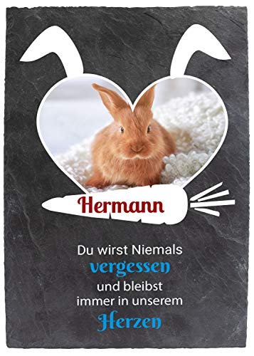 wandmotiv24 Gedenktafel Hase Schieferplatte, 20x30cm, Wetterfest, Personalisiert mit Farb-Foto & Name Ihres Haustiers, Schönes Design Herz & Möhre, Grabstein mit Trauerspruch, Grabschmuck M0273 von wandmotiv24