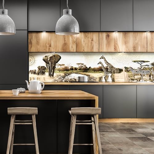 wandmotiv24 Küchenrückwand Afrika Elefant Giraffe Zebra Savanne 260 x 60cm (B x H) - Selbstklebende PET-Folie Nischenrückwand, Spritzschutz, Fliesenspiegel-Ersatz, Deko Küche M1084 von wandmotiv24