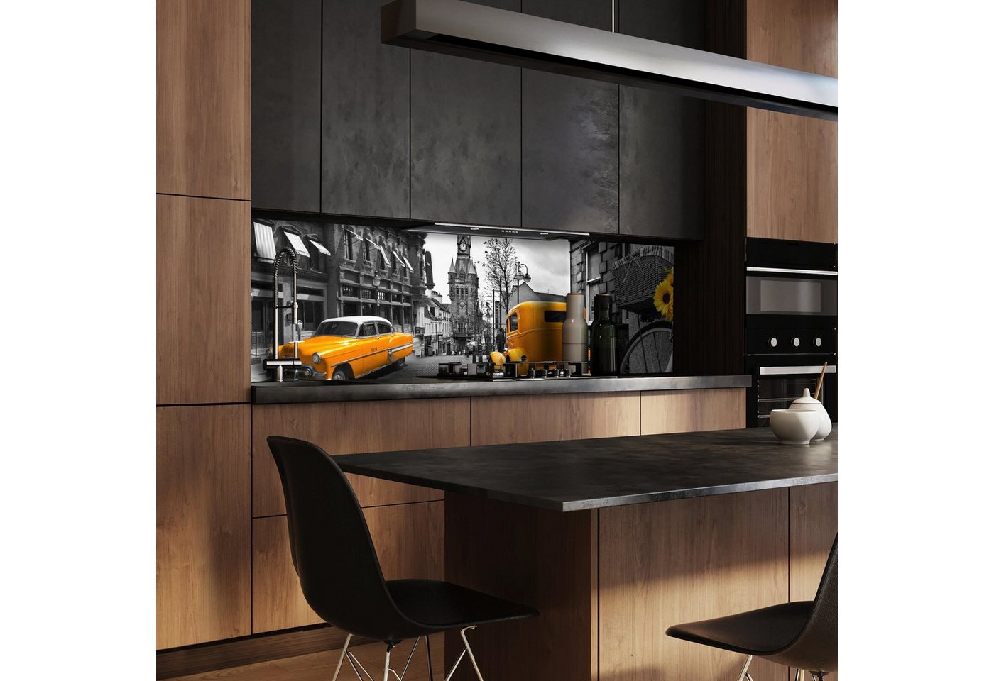 wandmotiv24 Küchenrückwand Auto Schwarz Weiß Fahrrad Laterne Gelb, (1-tlg), Premium Hartschaum Nischenrückwand in versch. Größen von wandmotiv24