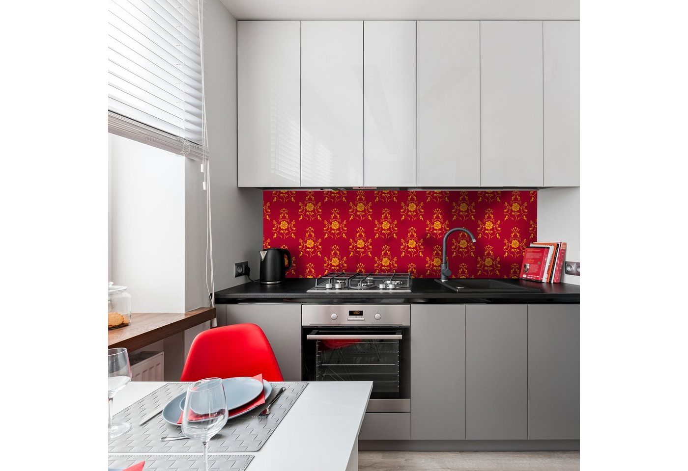 wandmotiv24 Küchenrückwand Barock Rot Muster, (1-tlg), Premium Hartschaum Nischenrückwand in versch. Größen von wandmotiv24