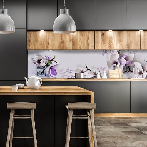 wandmotiv24 Küchenrückwand Blumen Violett Glas 180 x 60cm (B x H) - Acrylglas 3mm Nischenrückwand, Spritzschutz, Fliesenspiegel-Ersatz, Deko Küche M1069 von wandmotiv24