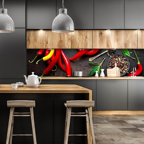 wandmotiv24 Küchenrückwand Chili-Pfeffer 240 x 60cm (B x H) - Selbstklebende PET-Folie Nischenrückwand, Spritzschutz, Fliesenspiegel-Ersatz, Deko Küche M0983 von wandmotiv24
