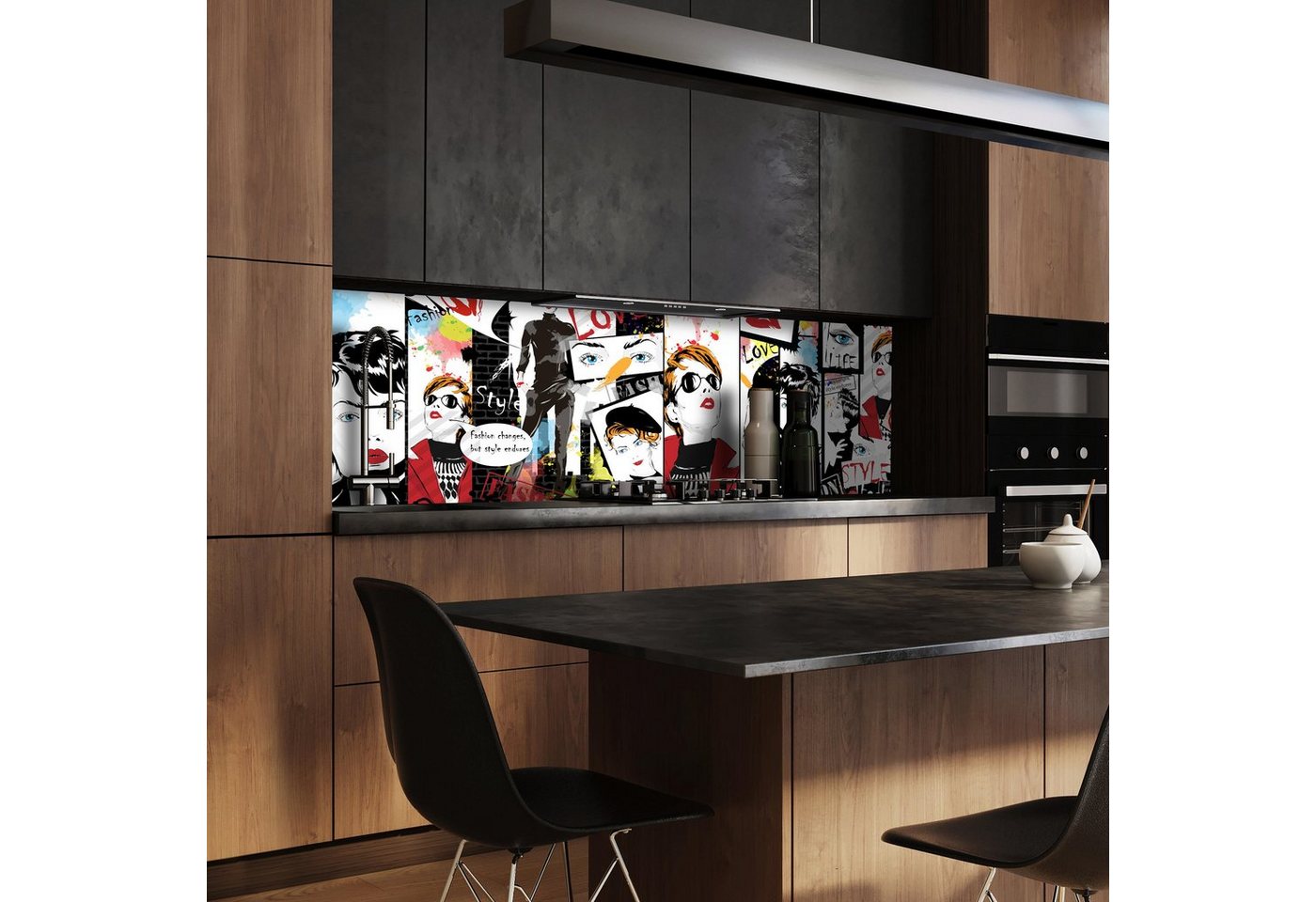 wandmotiv24 Küchenrückwand Comic Popart Bunt Fashion Style, (1-tlg), Premium Aluminium Nischenrückwand in versch. Größen von wandmotiv24