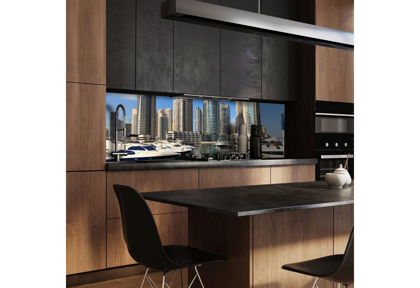 wandmotiv24 Küchenrückwand Dubai Skyline, (1-tlg), Premium Aluminium Nischenrückwand in versch. Größen von wandmotiv24