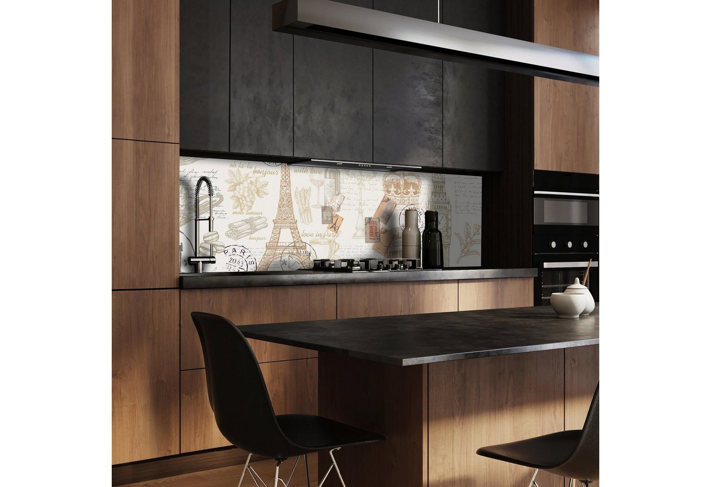 wandmotiv24 Küchenrückwand Eiffelturm Elizabeth Tower Krone Kaffee, (1-tlg), Premium Aluminium Nischenrückwand in versch. Größen von wandmotiv24