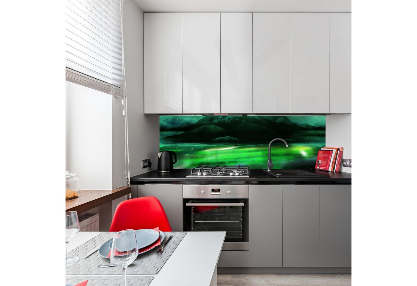 wandmotiv24 Küchenrückwand Grünes Nordlicht, (1-tlg), Premium Aluminium Nischenrückwand in versch. Größen von wandmotiv24