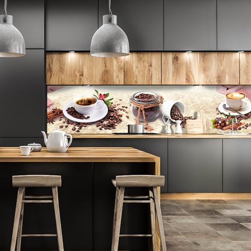 wandmotiv24 Küchenrückwand Kaffee Tasse Glas Schokolade Haselnuss 240 x 60cm (B x H) - Hartschaum 3mm Nischenrückwand, Spritzschutz, Fliesenspiegel-Ersatz, Deko Küche Vanille M1170 von wandmotiv24