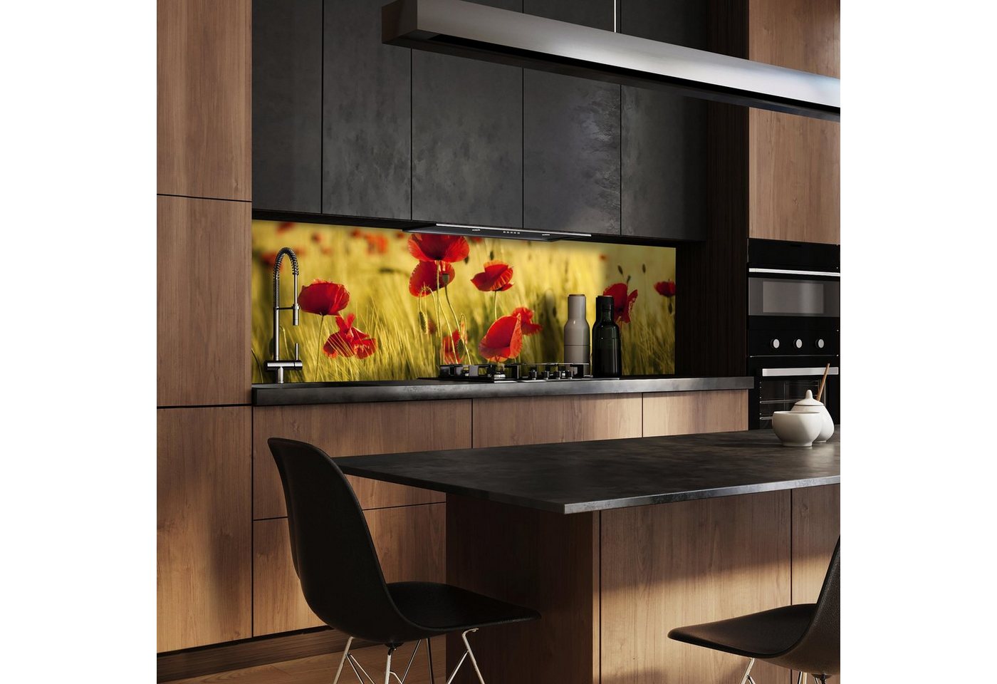 wandmotiv24 Küchenrückwand Kornfeld mit Mohnblumen, (1-tlg), Premium Aluminium Nischenrückwand in versch. Größen von wandmotiv24