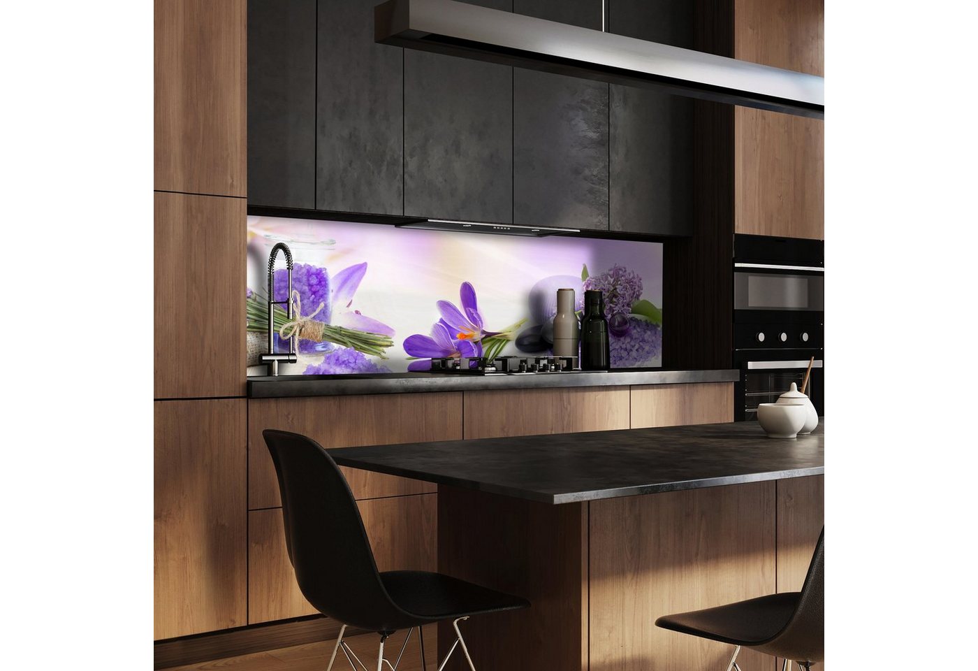 wandmotiv24 Küchenrückwand Lila Steine Glas Flieder Krokusse Flow, (1-tlg), Premium Hartschaum Nischenrückwand in versch. Größen von wandmotiv24