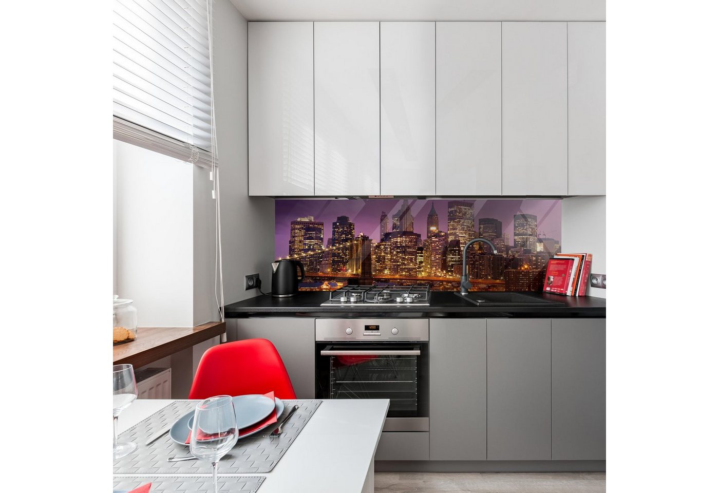 wandmotiv24 Küchenrückwand New York bei Nacht, (1-tlg), Premium Acrylglas Nischenrückwand in versch. Größen von wandmotiv24