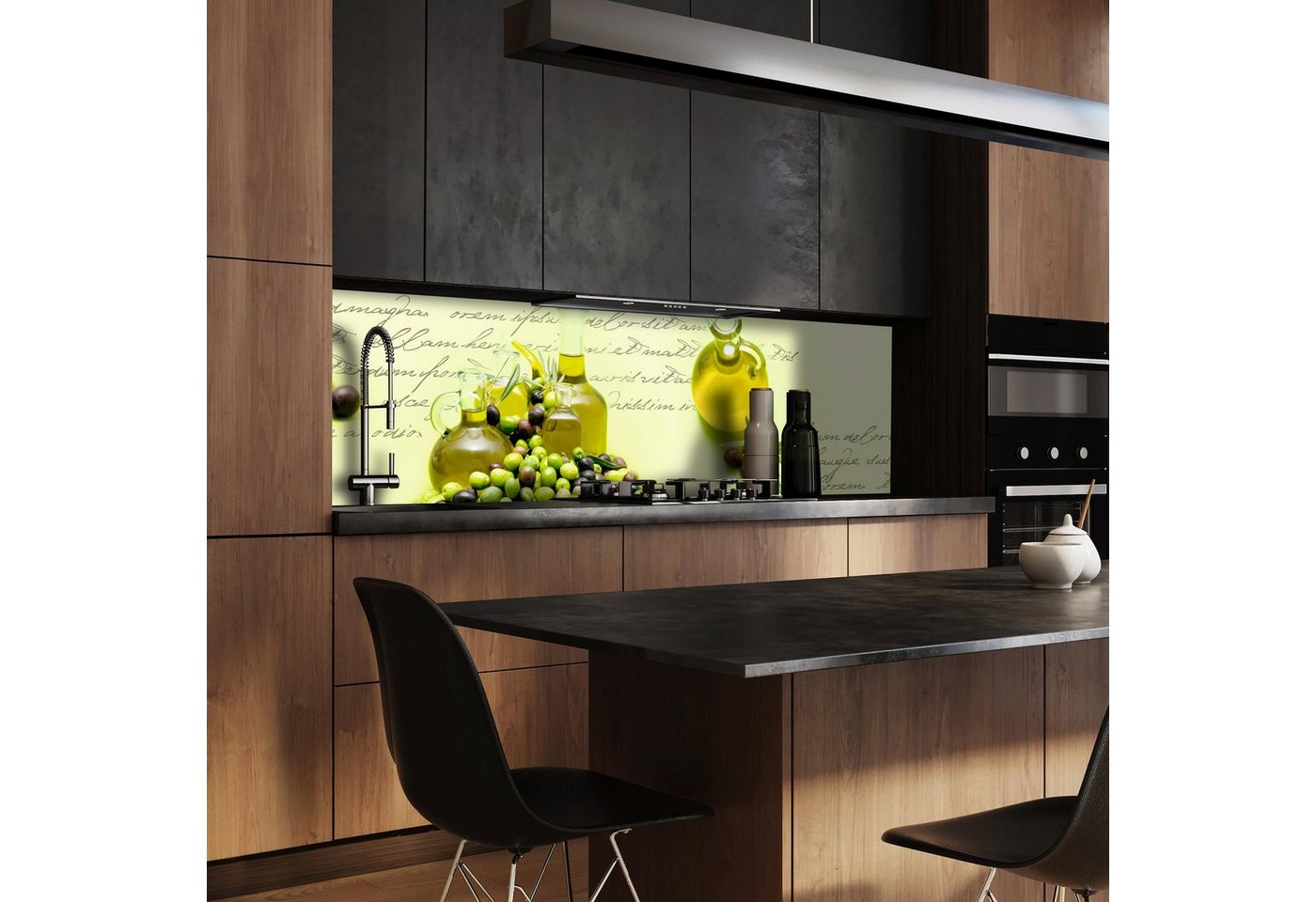 wandmotiv24 Küchenrückwand Oliven Öl Schrift Grün Flasche Glas, (1-tlg), Premium Aluminium Nischenrückwand in versch. Größen von wandmotiv24