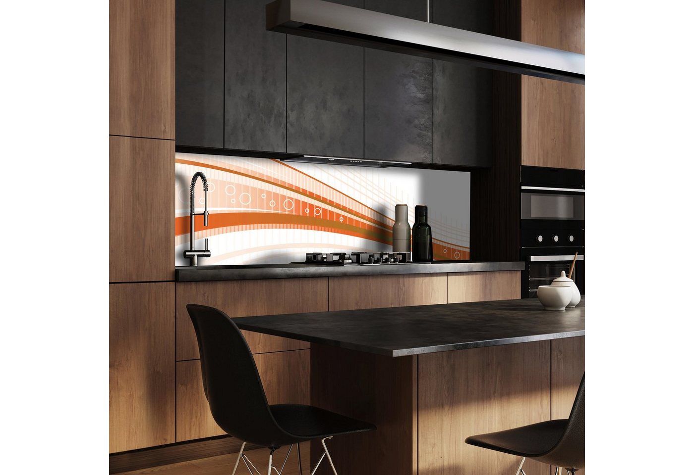 wandmotiv24 Küchenrückwand Orangene Welle, (1-tlg), Premium Aluminium Nischenrückwand in versch. Größen von wandmotiv24
