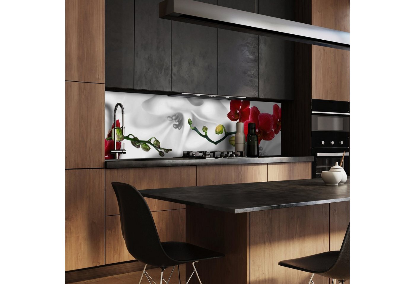 wandmotiv24 Küchenrückwand Orchideen Rot Weiß Pflanze Hintergrund, (1-tlg), Premium Aluminium Nischenrückwand in versch. Größen von wandmotiv24