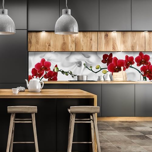 wandmotiv24 Küchenrückwand Orchideen Rot Weiß Pflanze Hintergrund 210 x 50cm (B x H) - Selbstklebende PET-Folie Nischenrückwand, Spritzschutz, Fliesenspiegel-Ersatz, Deko Küche M1148 von wandmotiv24