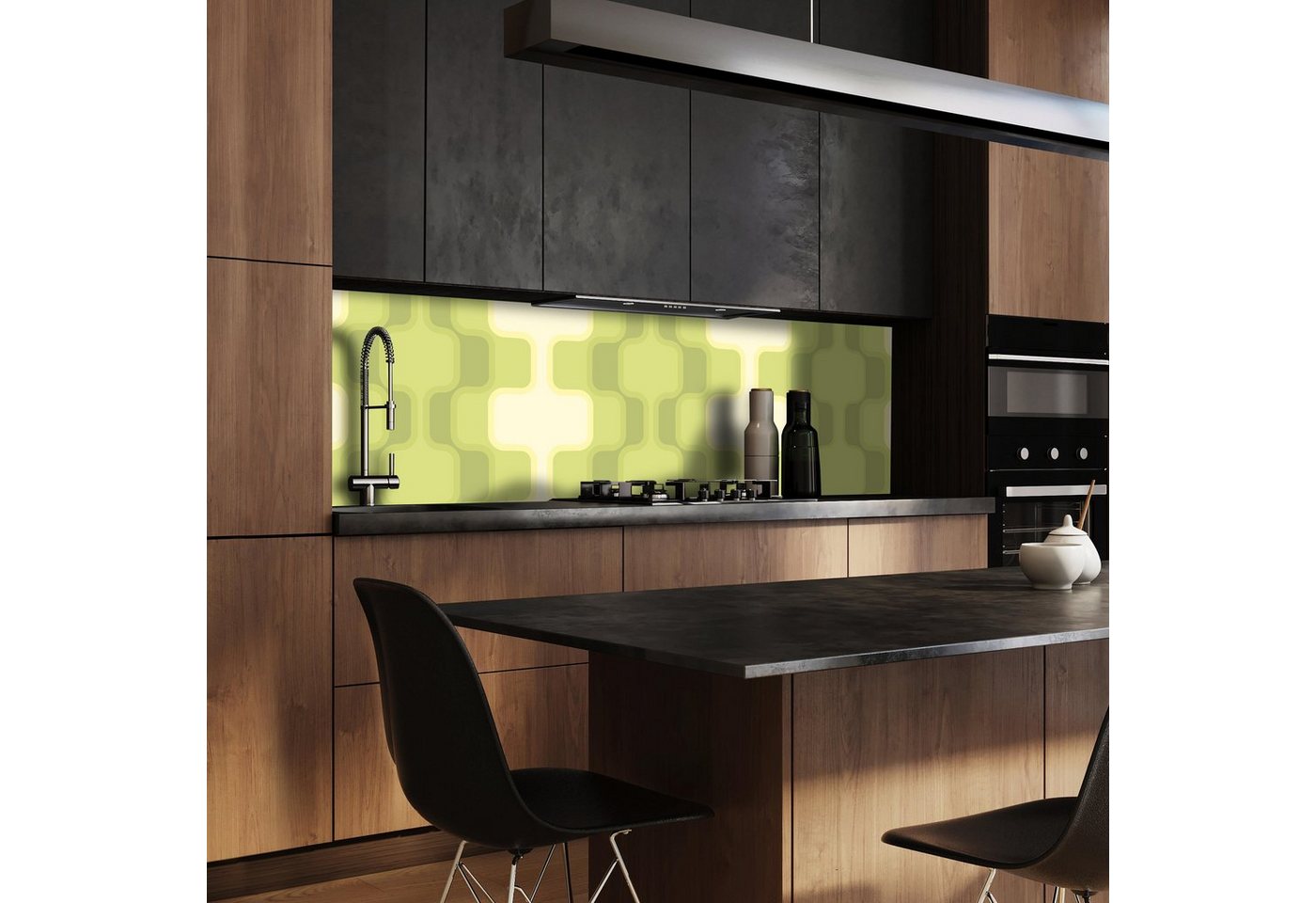 wandmotiv24 Küchenrückwand Retromuster Grün Muster, (1-tlg), Premium Aluminium Nischenrückwand in versch. Größen von wandmotiv24