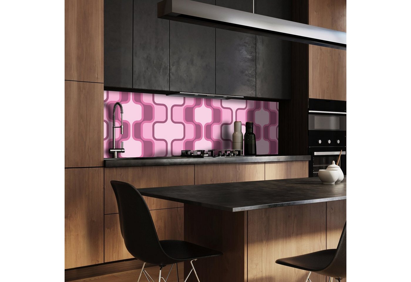 wandmotiv24 Küchenrückwand Retromuster Pink Muster, (1-tlg), Premium Hartschaum Nischenrückwand in versch. Größen von wandmotiv24