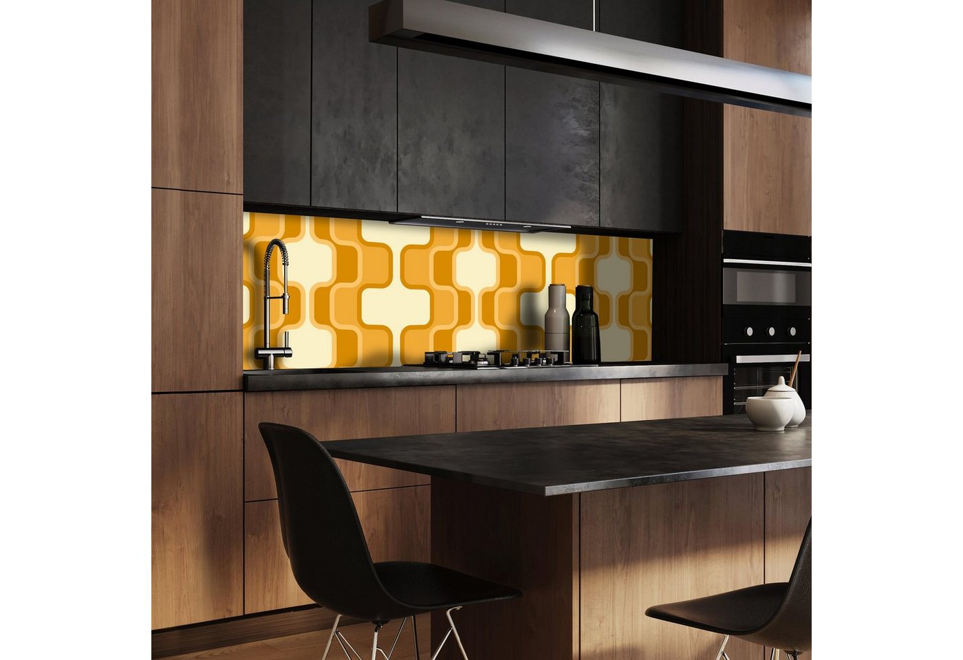 wandmotiv24 Küchenrückwand Retromuster Sonnengelb Muster, (1-tlg), Premium Aluminium Nischenrückwand in versch. Größen von wandmotiv24