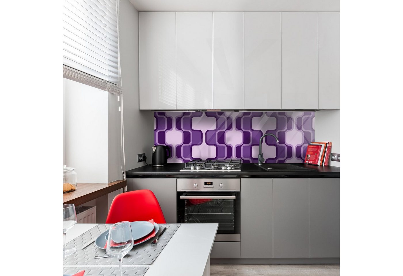 wandmotiv24 Küchenrückwand Retromuster Violett Muster, (1-tlg), Premium Acrylglas Nischenrückwand in versch. Größen von wandmotiv24