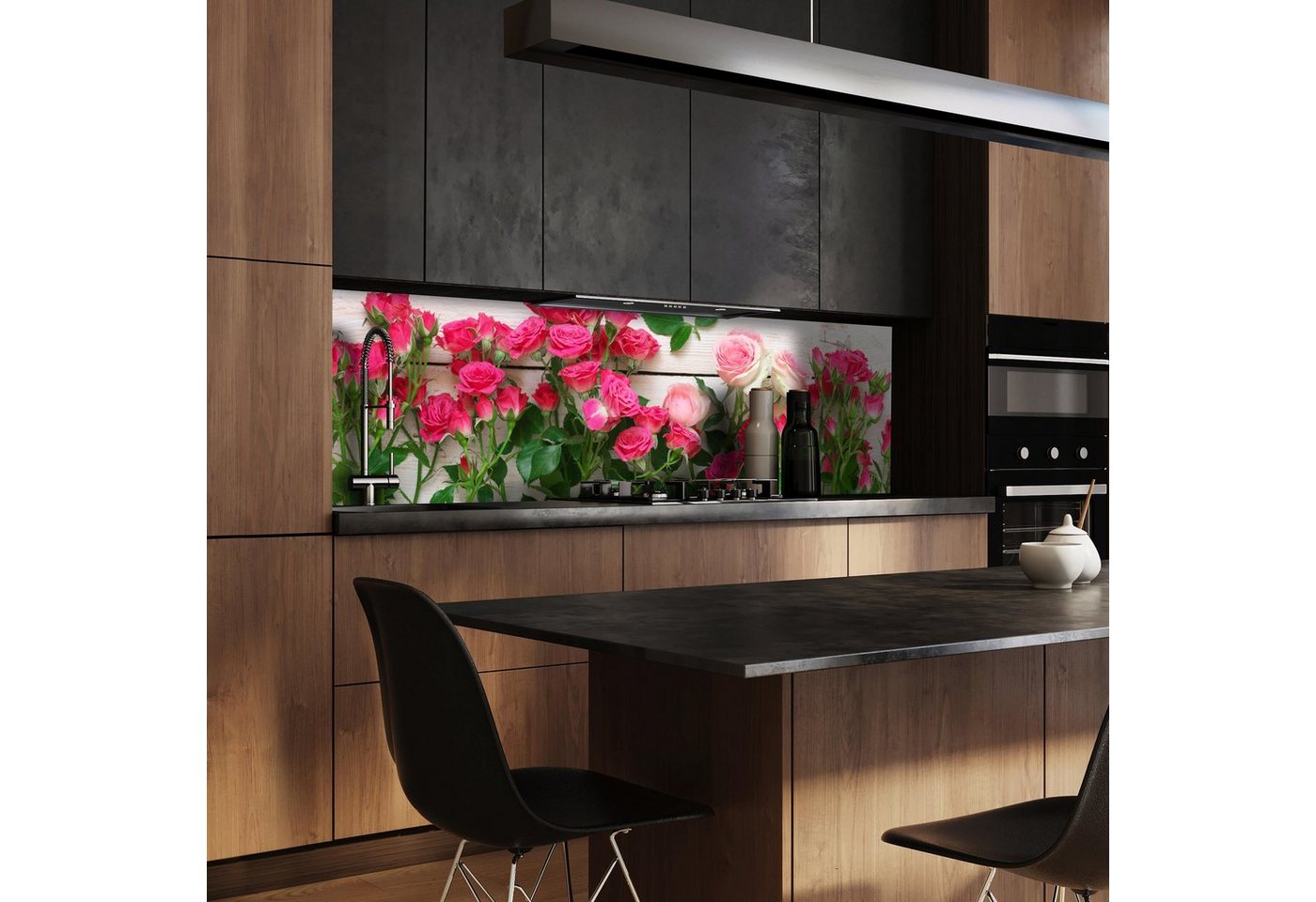 wandmotiv24 Küchenrückwand Rosa und karminrote Rosen, (1-tlg), Premium Aluminium Nischenrückwand in versch. Größen von wandmotiv24