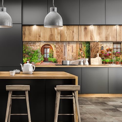 wandmotiv24 Küchenrückwand Straße Dorf Töpfe Pflanzen Blumen 260 x 50cm (B x H) - Acrylglas 3mm Nischenrückwand, Spritzschutz, Fliesenspiegel-Ersatz, Deko Küche M1074 von wandmotiv24