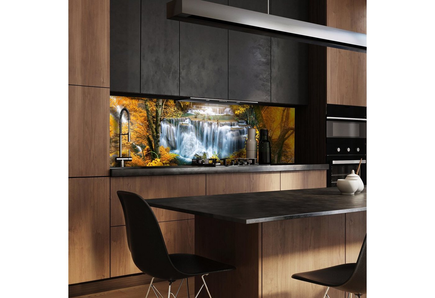 wandmotiv24 Küchenrückwand Wasserfälle Bäum Herbst Gold, (1-tlg), Premium Aluminium Nischenrückwand in versch. Größen von wandmotiv24