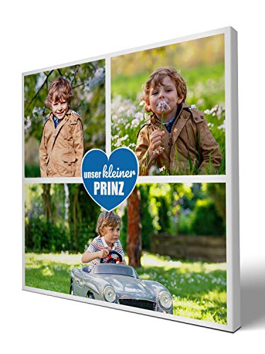 wandmotiv24 Leinwandbild 260 g/m ² - Foto-Collage mit 3 Fotos - Fotogeschenk für Eltern - Geschenk mit Kinderfotos für den Sohn - Kunstdruck quadratisch 30x30cm (BxH) - Unser Kleiner Prinz - M0040 von wandmotiv24