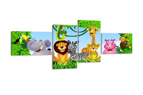 wandmotiv24 Leinwandbild Animal Group LW404 Wandbild, Bild auf Leinwand, 4 Teile, 100x45cm, Kunstdruck Canvas, XXL Bilder, Keilrahmenbild, fertig aufgespannt, Bild, Holzrahmen, Urwald, Tiere, Kinder, von wandmotiv24