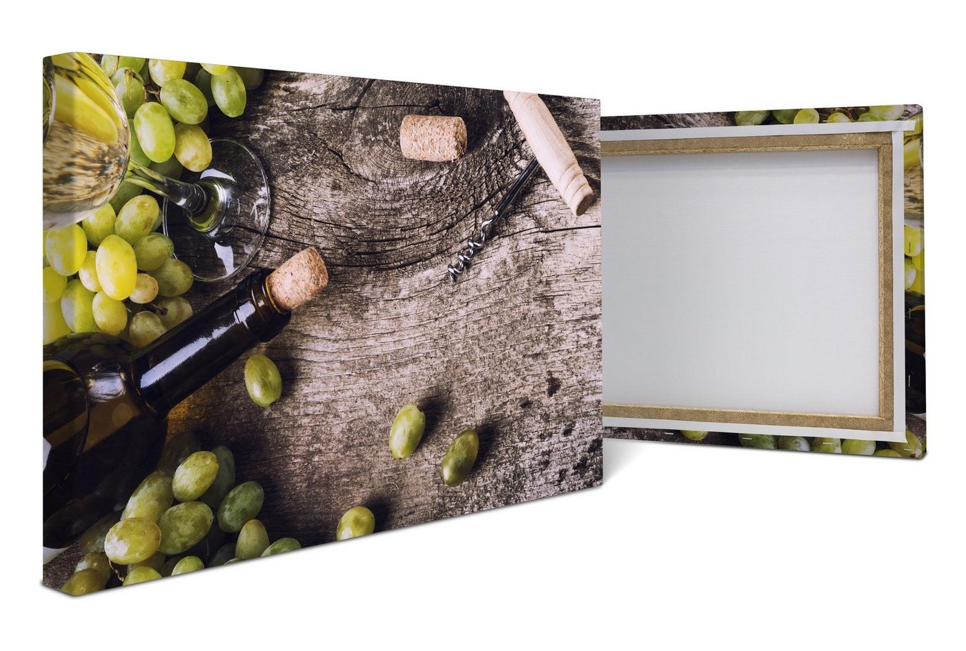 wandmotiv24 Leinwandbild Flasche Weißwein und Trauben auf einem alten Tisch, Essen & Trinken (1 St), Wandbild, Wanddeko, Leinwandbilder in versch. Größen von wandmotiv24